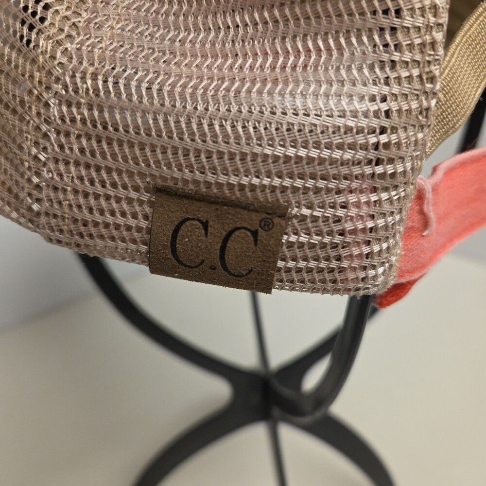 C.C Distressed Womens Criss Cross High Bun Ponytail Adjust Pink Baseball Cap Hat - Picture 4 of 11
